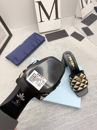 Prada 2026 High Heel Slippers 65 Embroidery Fabric Sheepskin