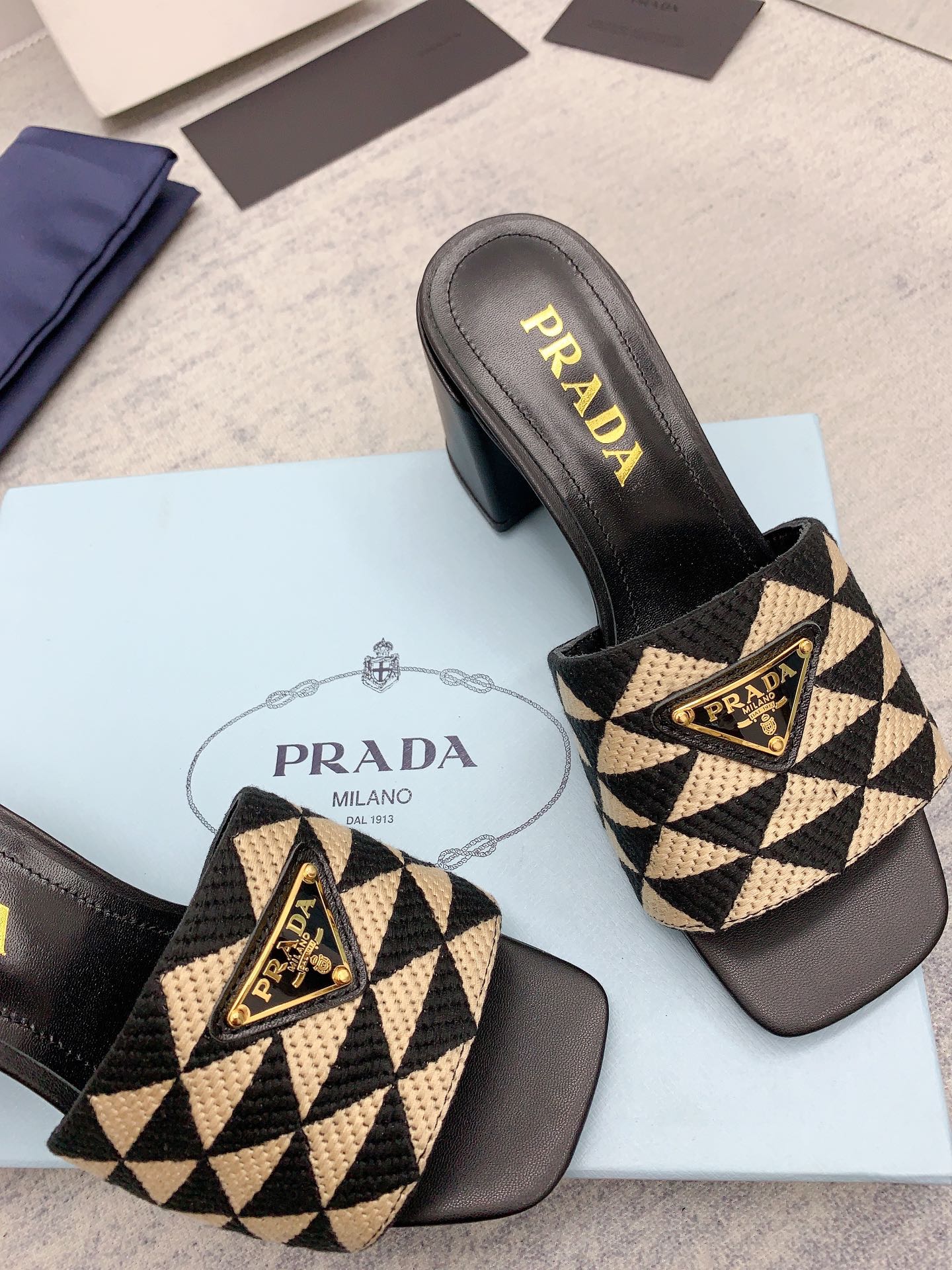 Prada 2026 High Heel Slippers 65 Embroidery Fabric Sheepskin