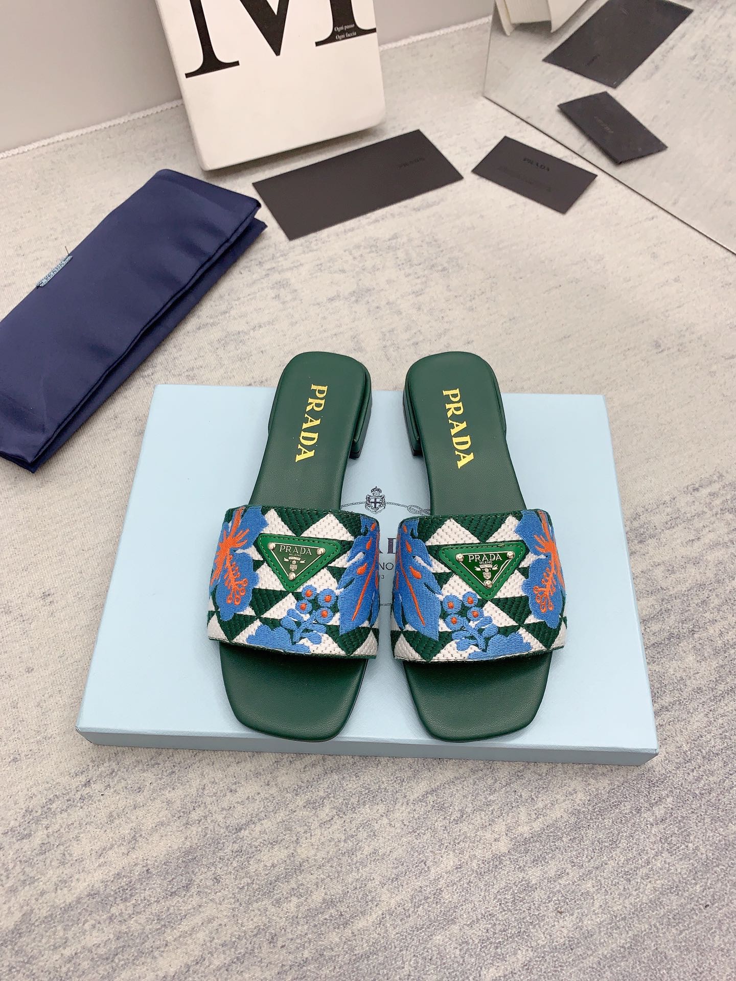Prada 2026 Slippers Green Blue Embroidery Fabric Sheepskin