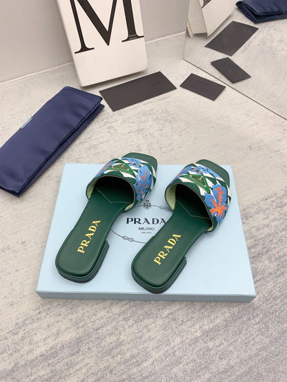 Prada 2026 Slippers Green Blue Embroidery Fabric Sheepskin