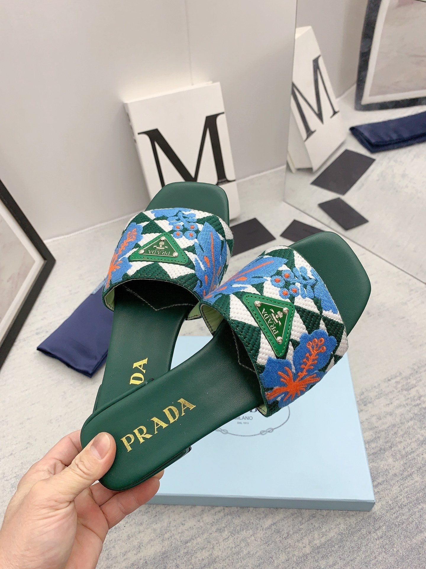 Prada 2026 Slippers Green Blue Embroidery Fabric Sheepskin