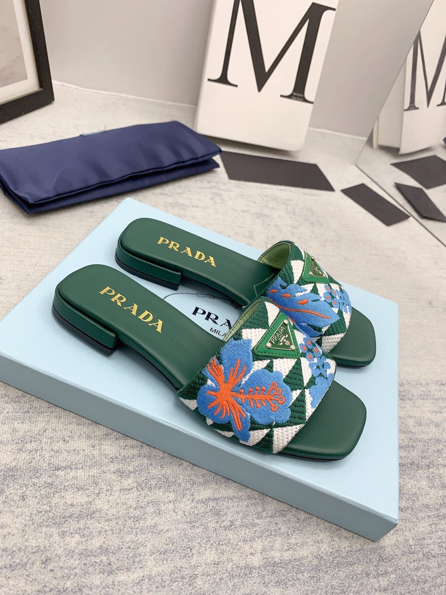 Prada 2026 Slippers Green Blue Embroidery Fabric Sheepskin