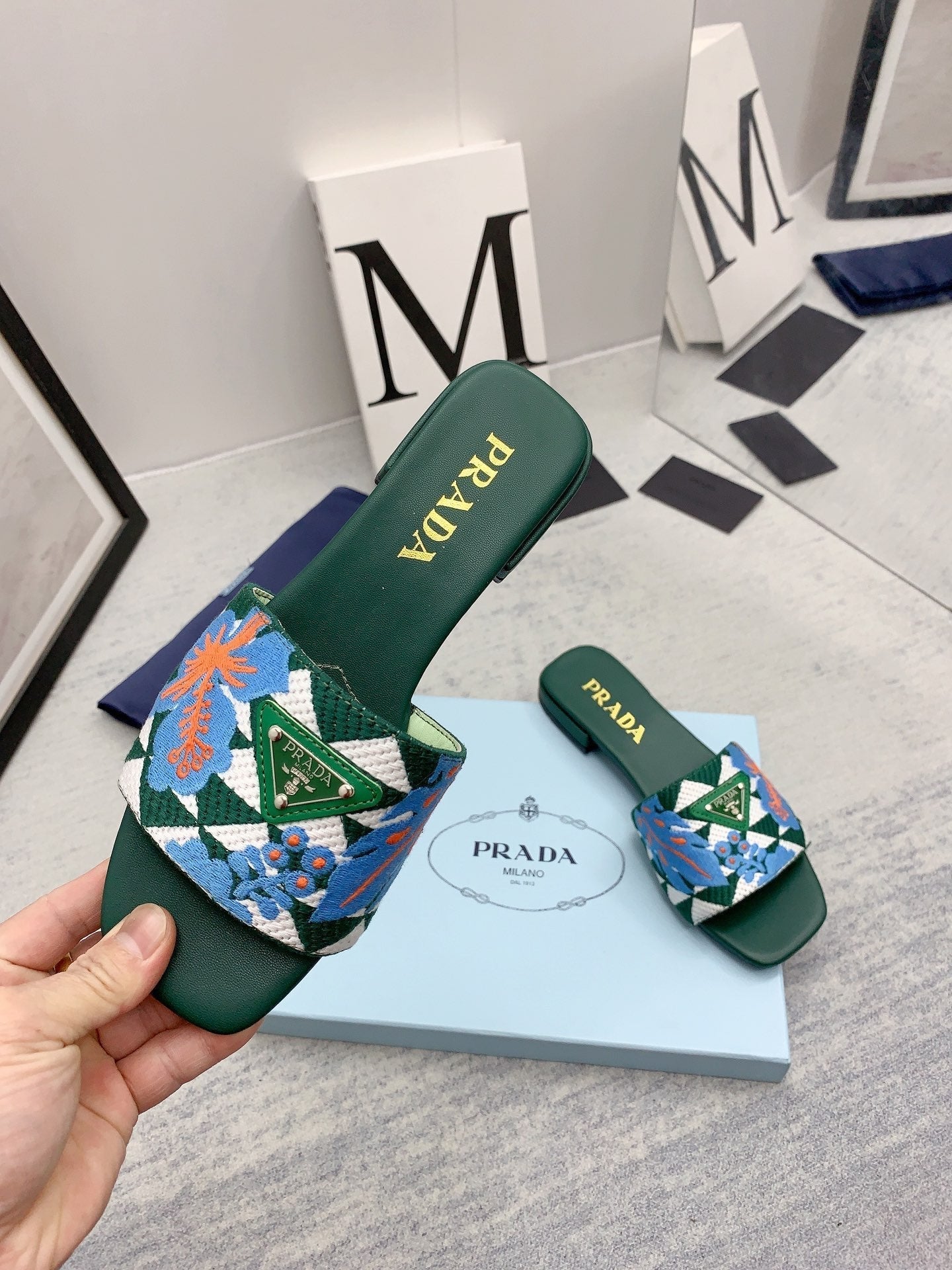 Prada 2026 Slippers Green Blue Embroidery Fabric Sheepskin