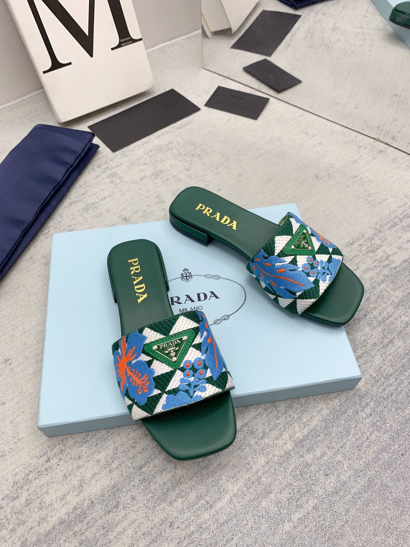 Prada 2026 Slippers Green Blue Embroidery Fabric Sheepskin