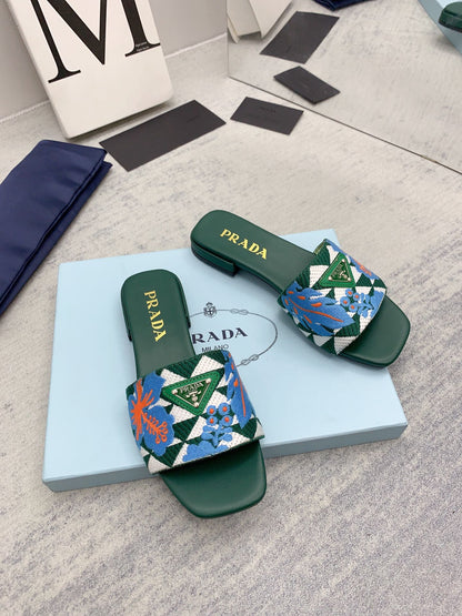 Prada 2026 Slippers Green Blue Embroidery Fabric Sheepskin