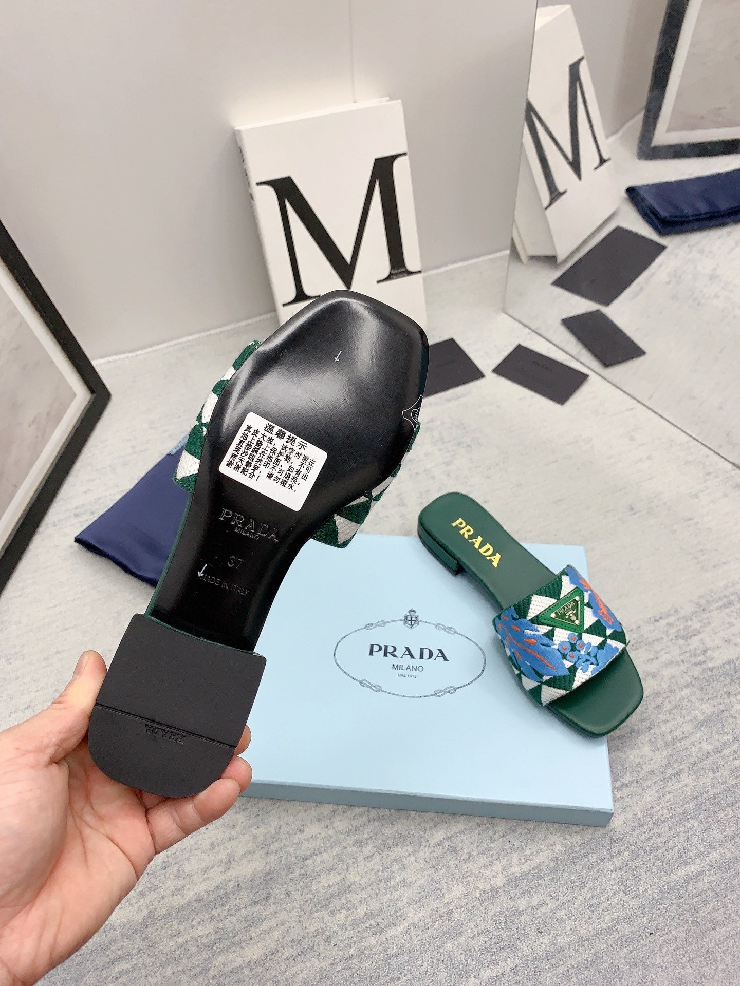 Prada 2026 Slippers Green Blue Embroidery Fabric Sheepskin