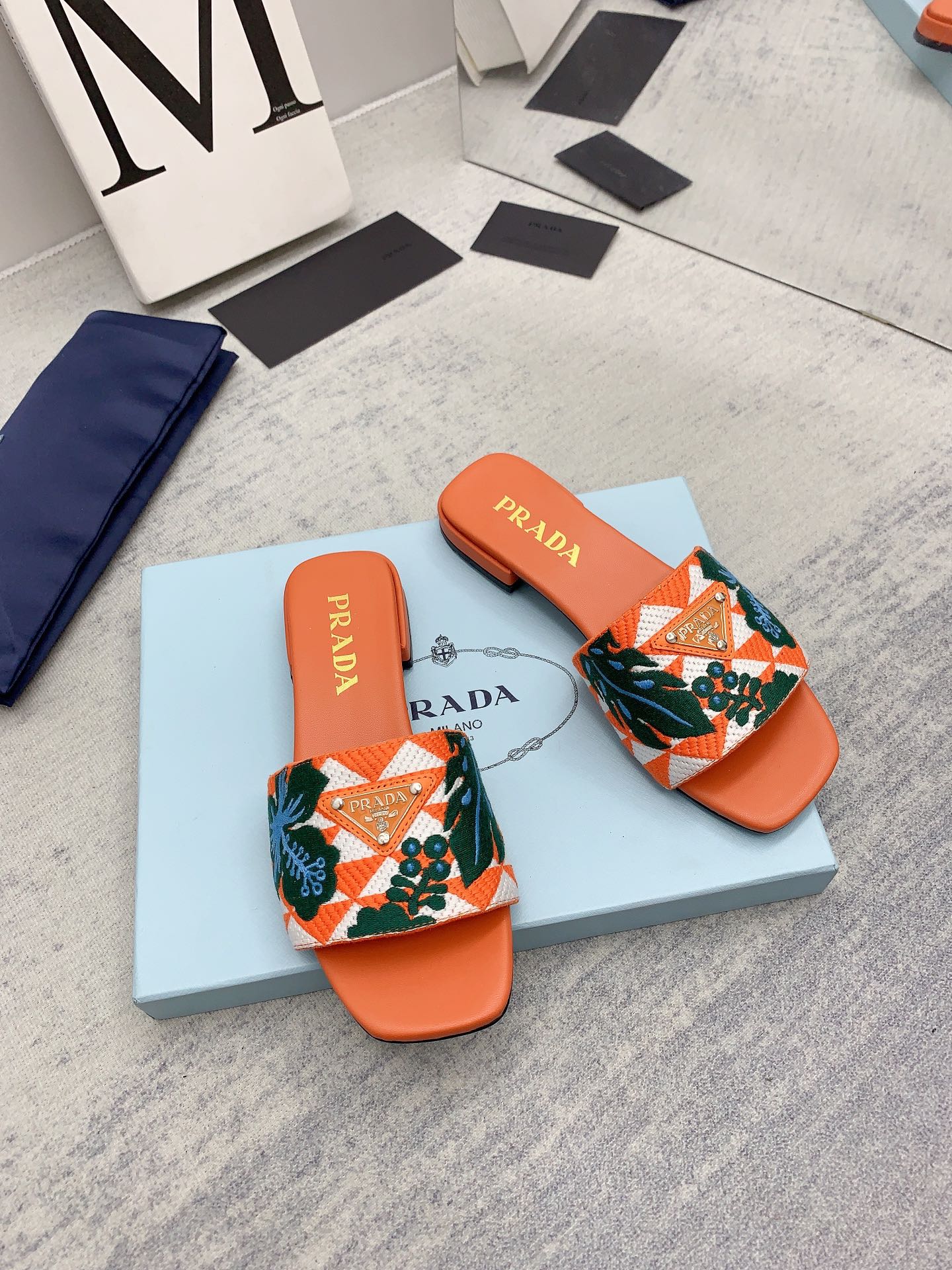 Prada 2026 Slippers Orange Dark Green Embroidery Fabric Sheepskin