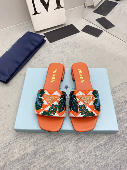 Prada 2026 Slippers Orange Dark Green Embroidery Fabric Sheepskin