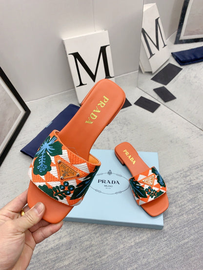 Prada 2026 Slippers Orange Dark Green Embroidery Fabric Sheepskin
