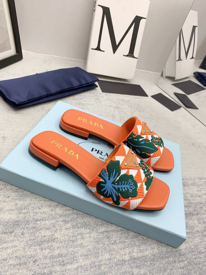 Prada 2026 Slippers Orange Dark Green Embroidery Fabric Sheepskin