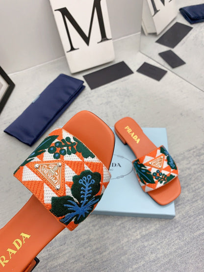 Prada 2026 Slippers Orange Dark Green Embroidery Fabric Sheepskin