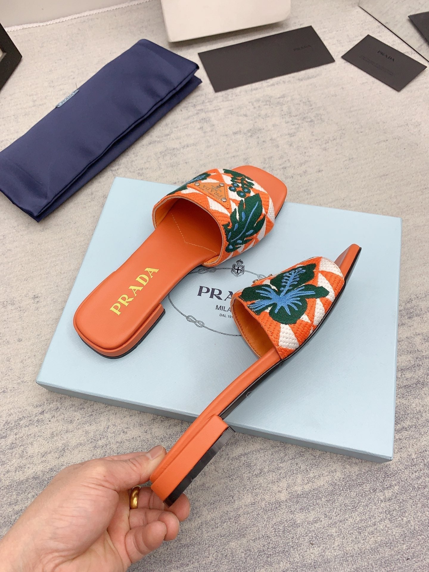 Prada 2026 Slippers Orange Dark Green Embroidery Fabric Sheepskin