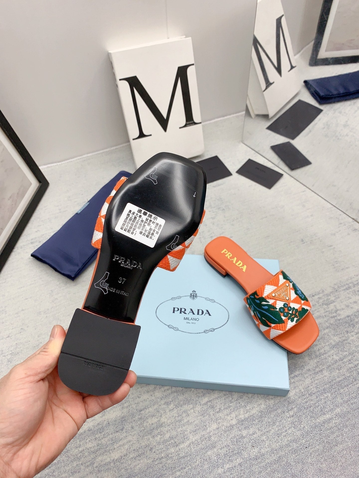 Prada 2026 Slippers Orange Dark Green Embroidery Fabric Sheepskin