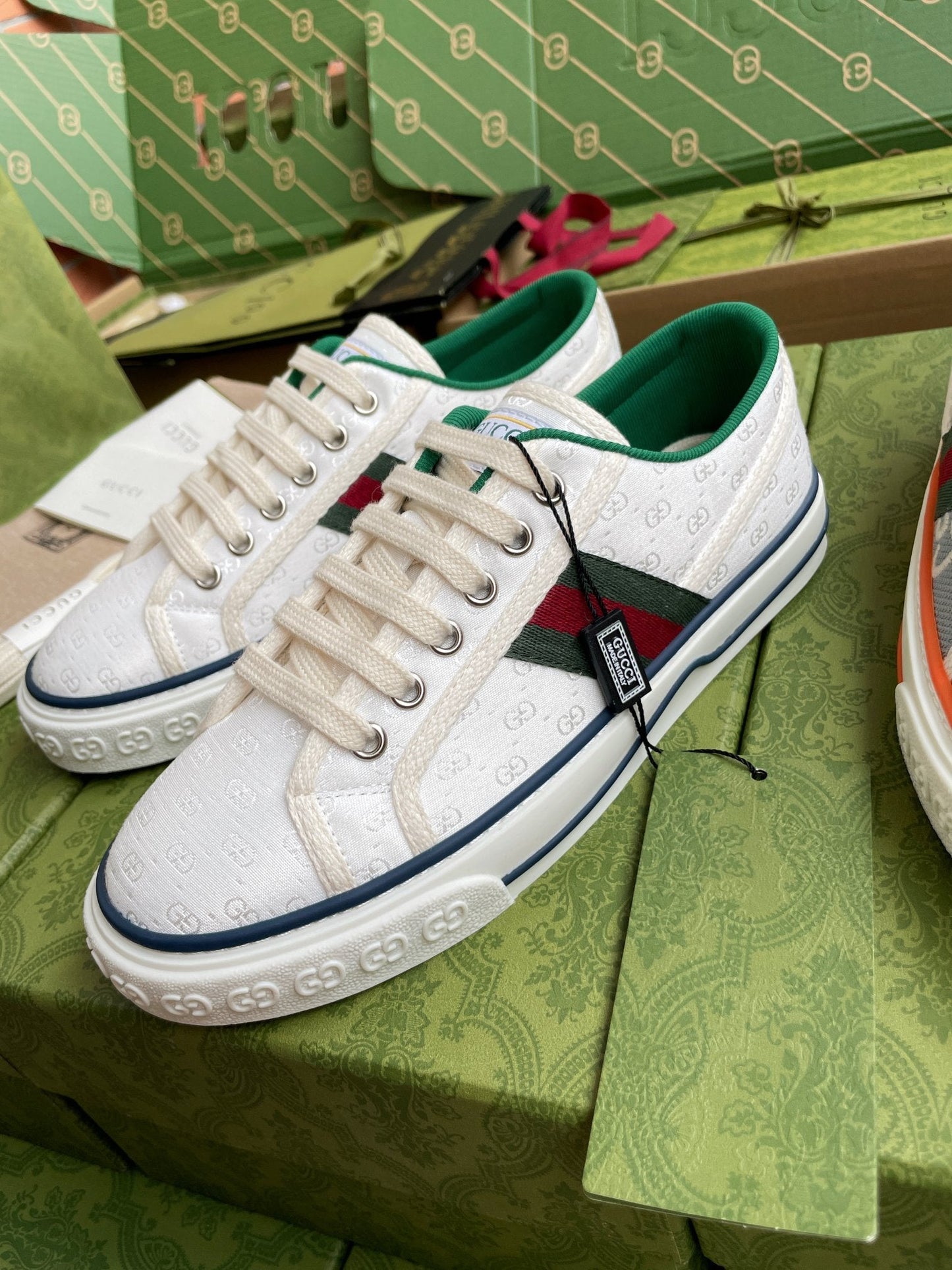 GG 26 Platform Sneaker White Green Monogram Canvas 632829