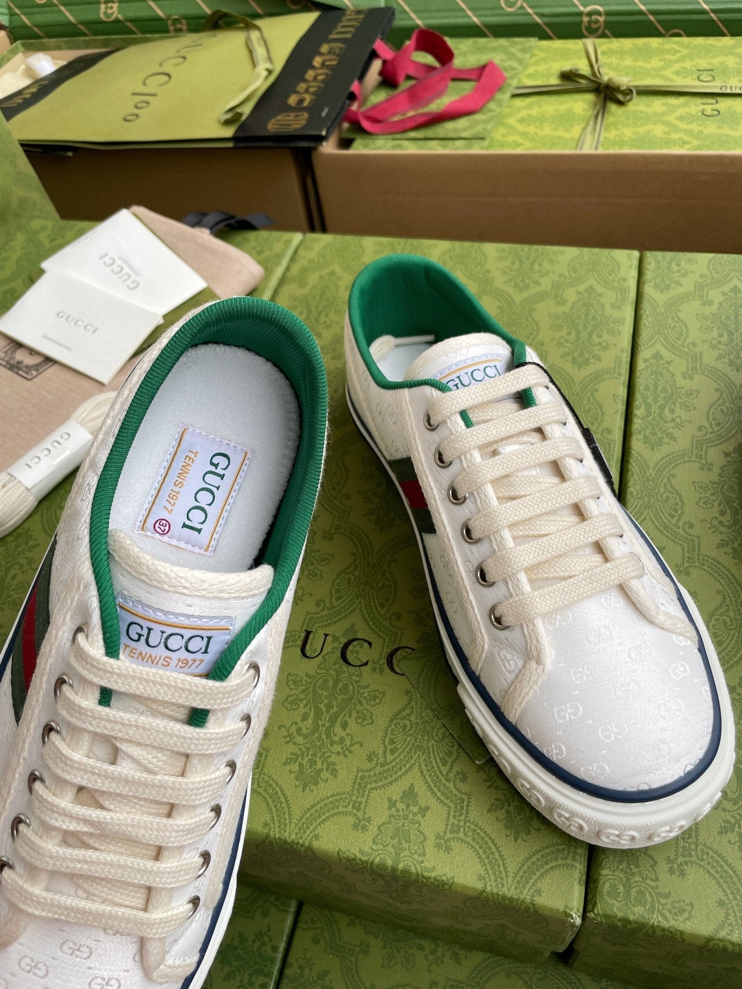 GG 26 Platform Sneaker White Green Monogram Canvas 632829