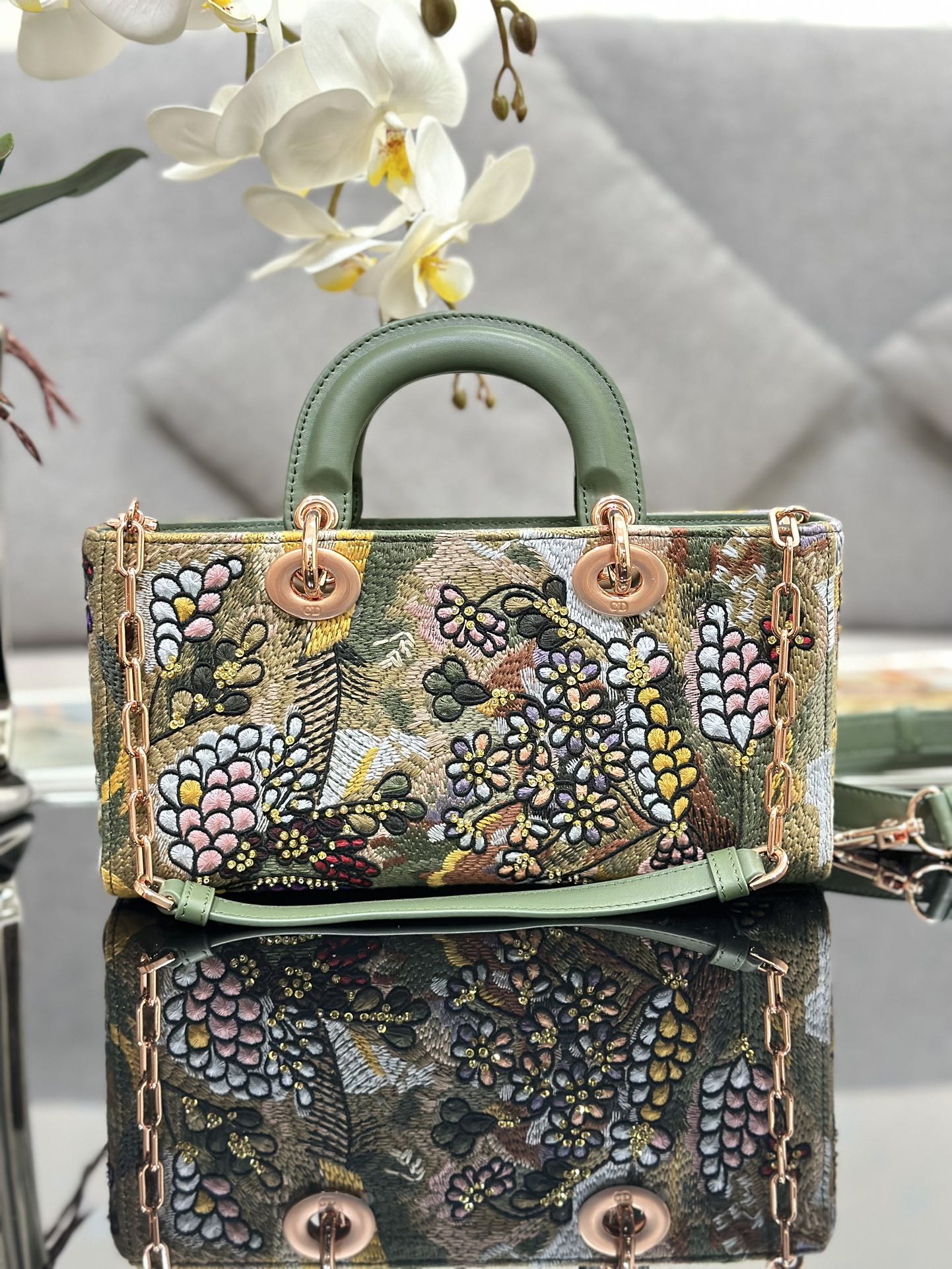 Dior 2026 Embroidered Floral Bag 26cm Green Mix Colors Fabric Leather 158565