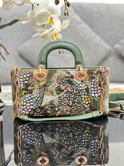 Dior 2026 Embroidered Floral Bag 26cm Green Mix Colors Fabric Leather 158565