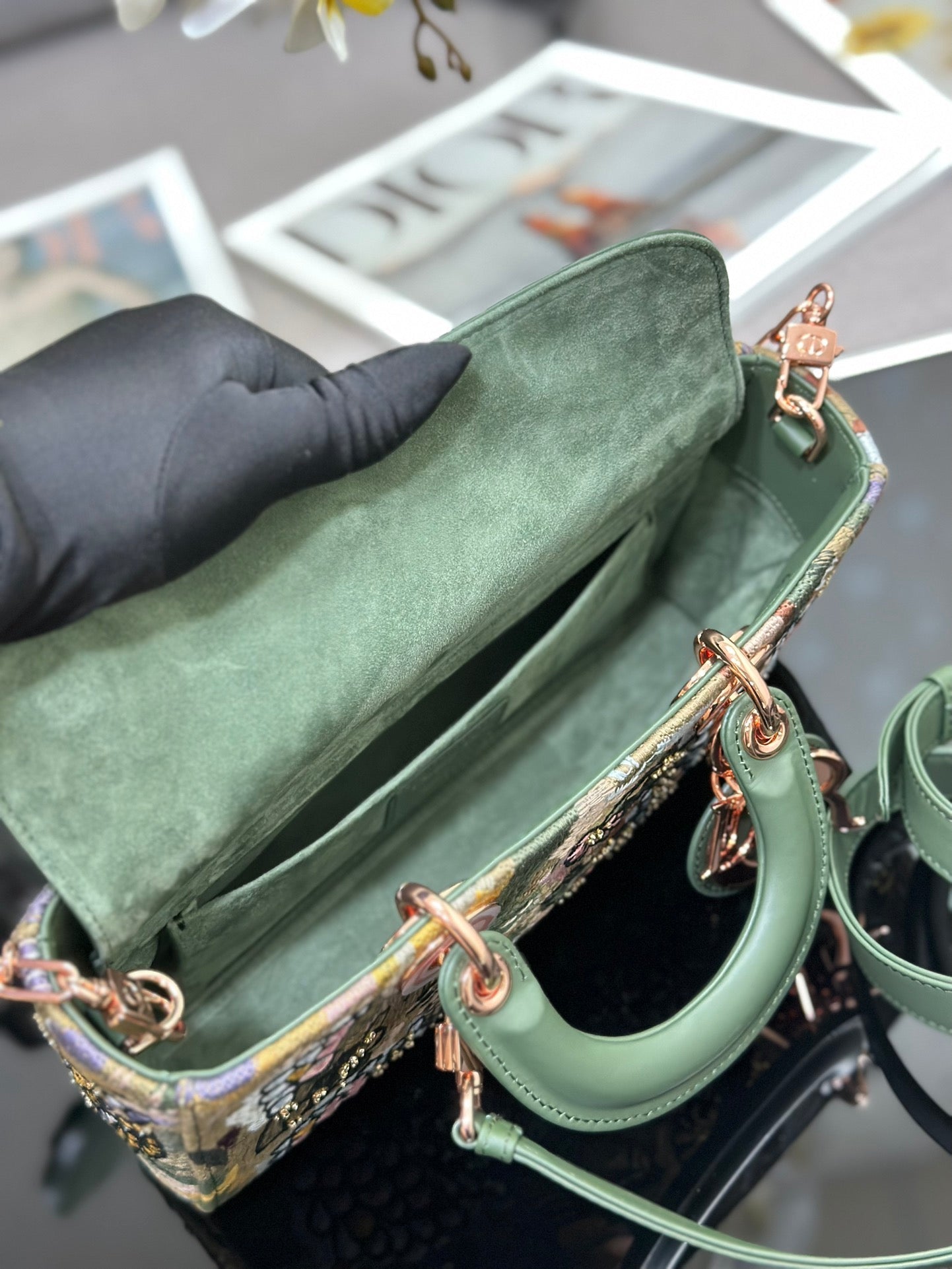 Dior 2026 Embroidered Floral Bag 26cm Green Mix Colors Fabric Leather 158565