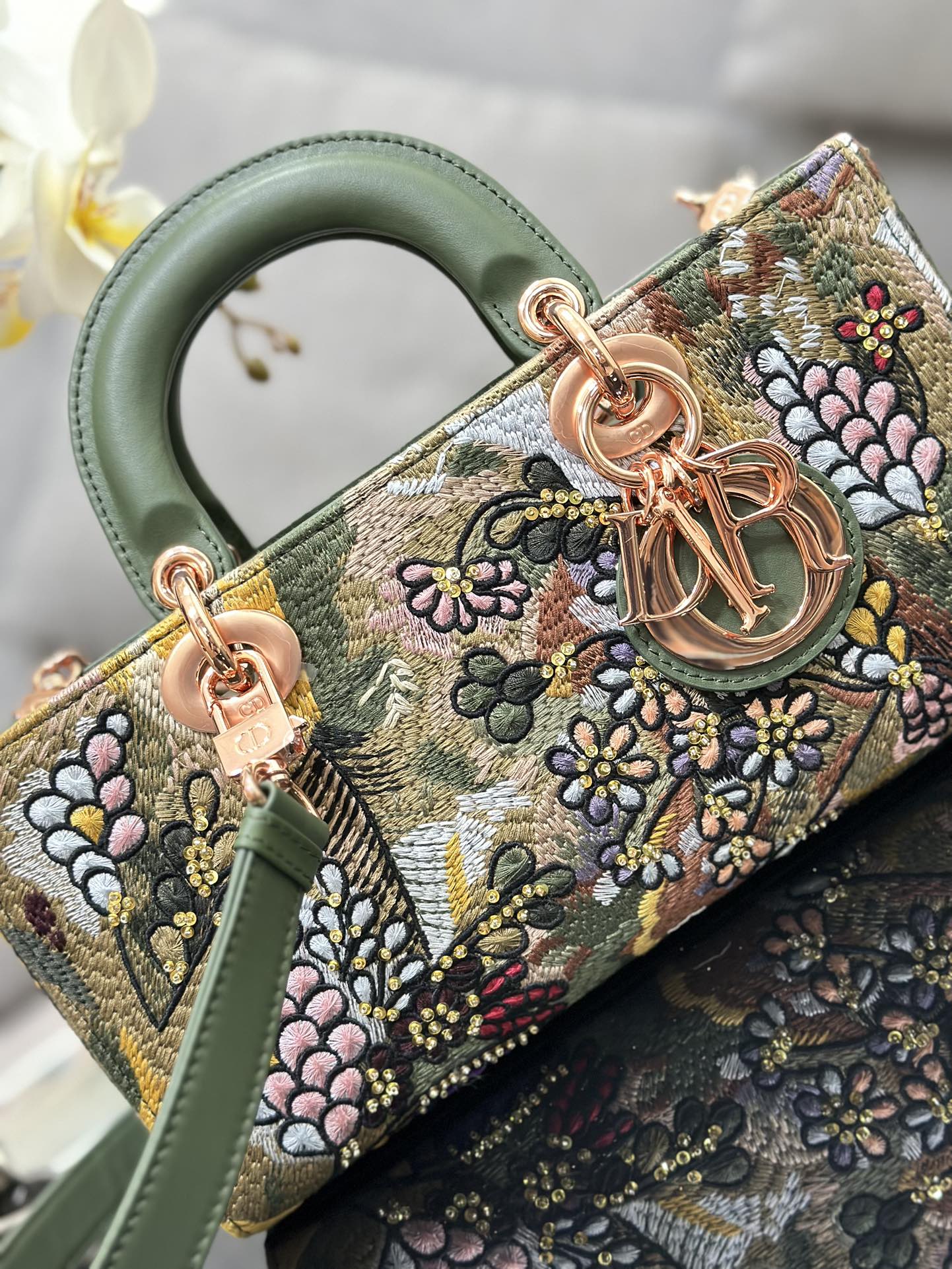 Dior 2026 Embroidered Floral Bag 26cm Green Mix Colors Fabric Leather 158565