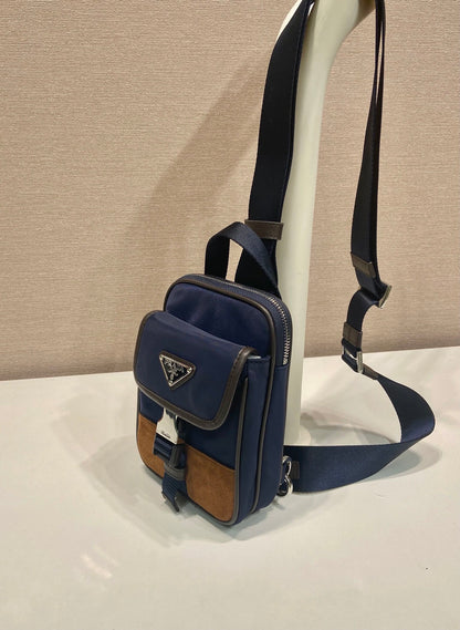 Prada 2026 Mobile Phone Chest Bag Blue Brown Recycled Nylon With Saffiano Leather