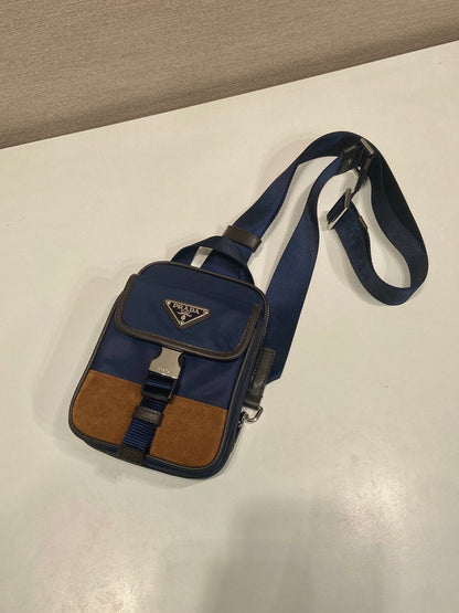 Prada 2026 Mobile Phone Chest Bag Blue Brown Recycled Nylon With Saffiano Leather