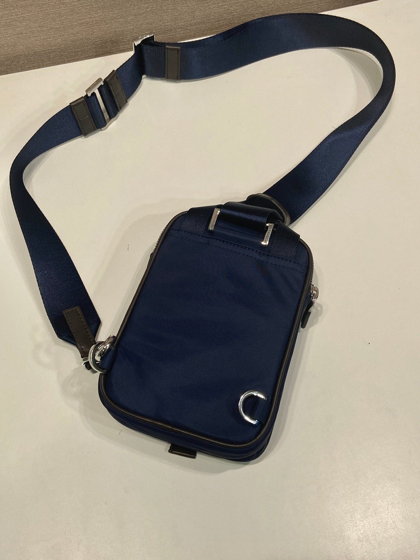 Prada 2026 Mobile Phone Chest Bag Blue Brown Recycled Nylon With Saffiano Leather