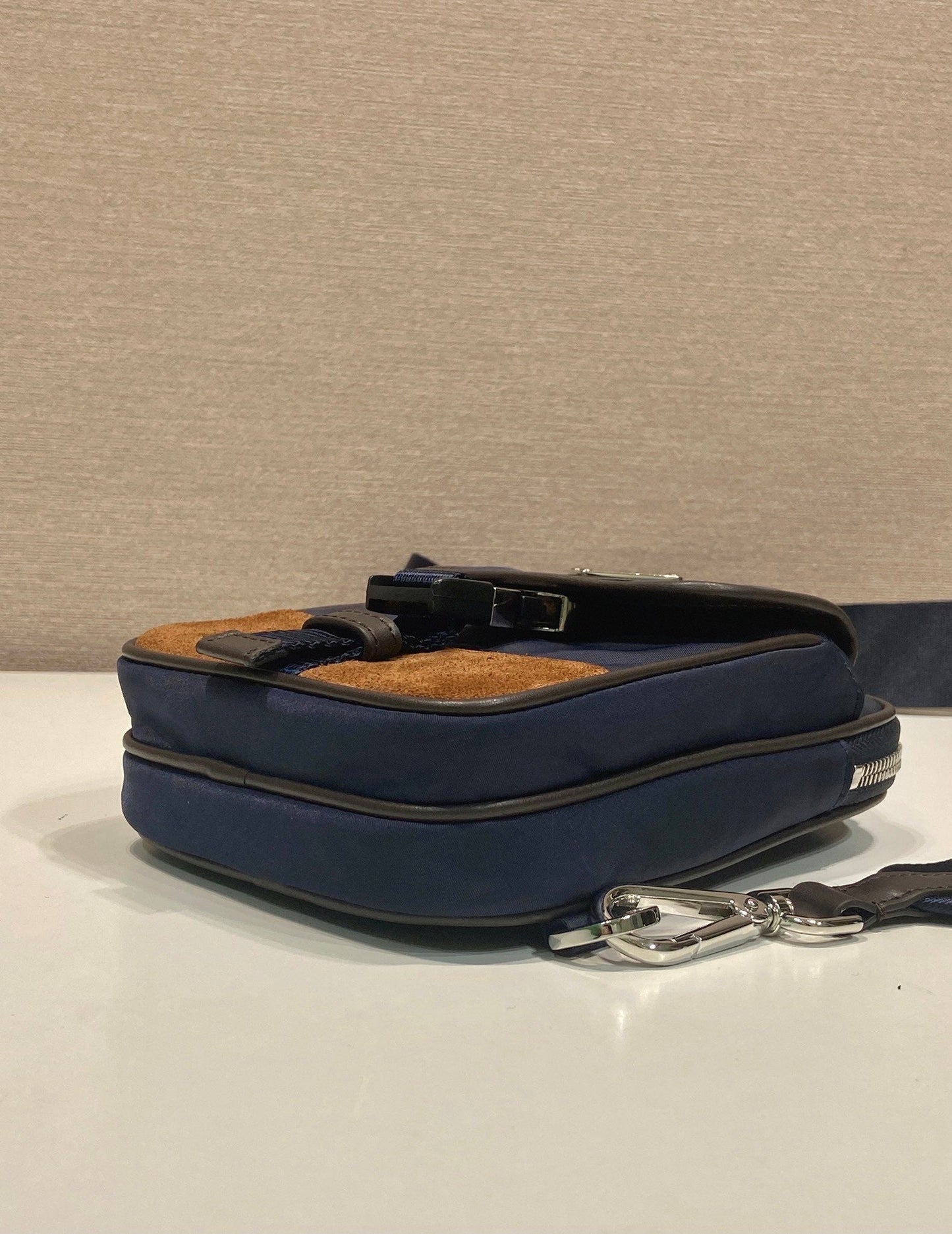 Prada 2026 Mobile Phone Chest Bag Blue Brown Recycled Nylon With Saffiano Leather