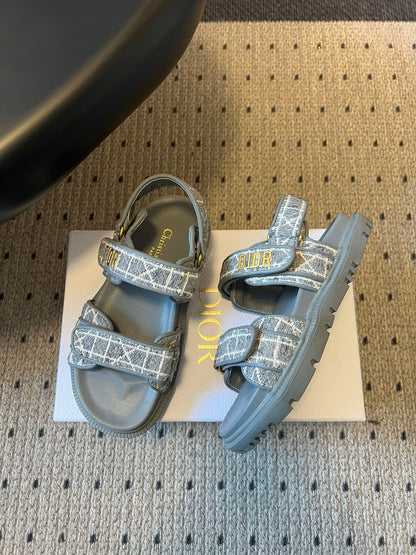 CD 26 Flats Sandals Gray Blue Sheepskin Embroidered Fabric 621800