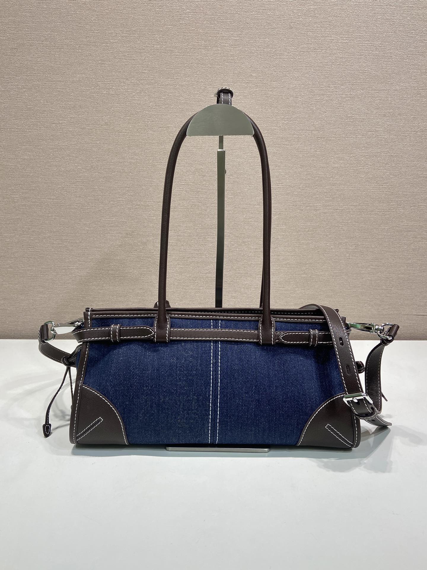 Prada 2026 Bonnie Bag 32cm Blue Brown Denim Leather 351805