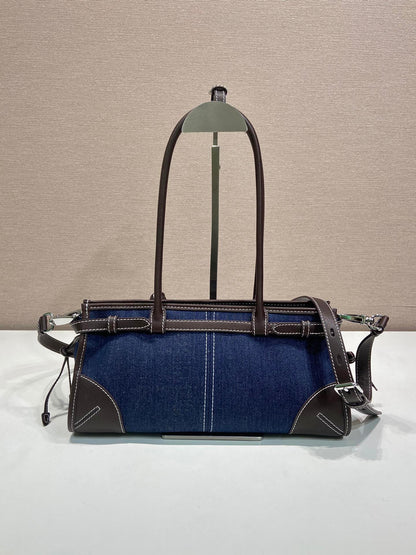 Prada 2026 Bonnie Bag 32cm Blue Brown Denim Leather 351805