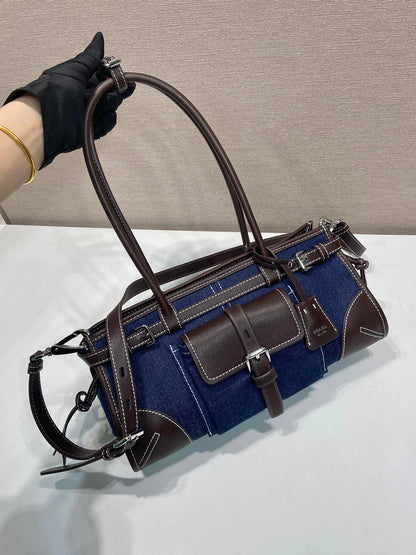Prada 2026 Bonnie Bag 32cm Blue Brown Denim Leather 351805