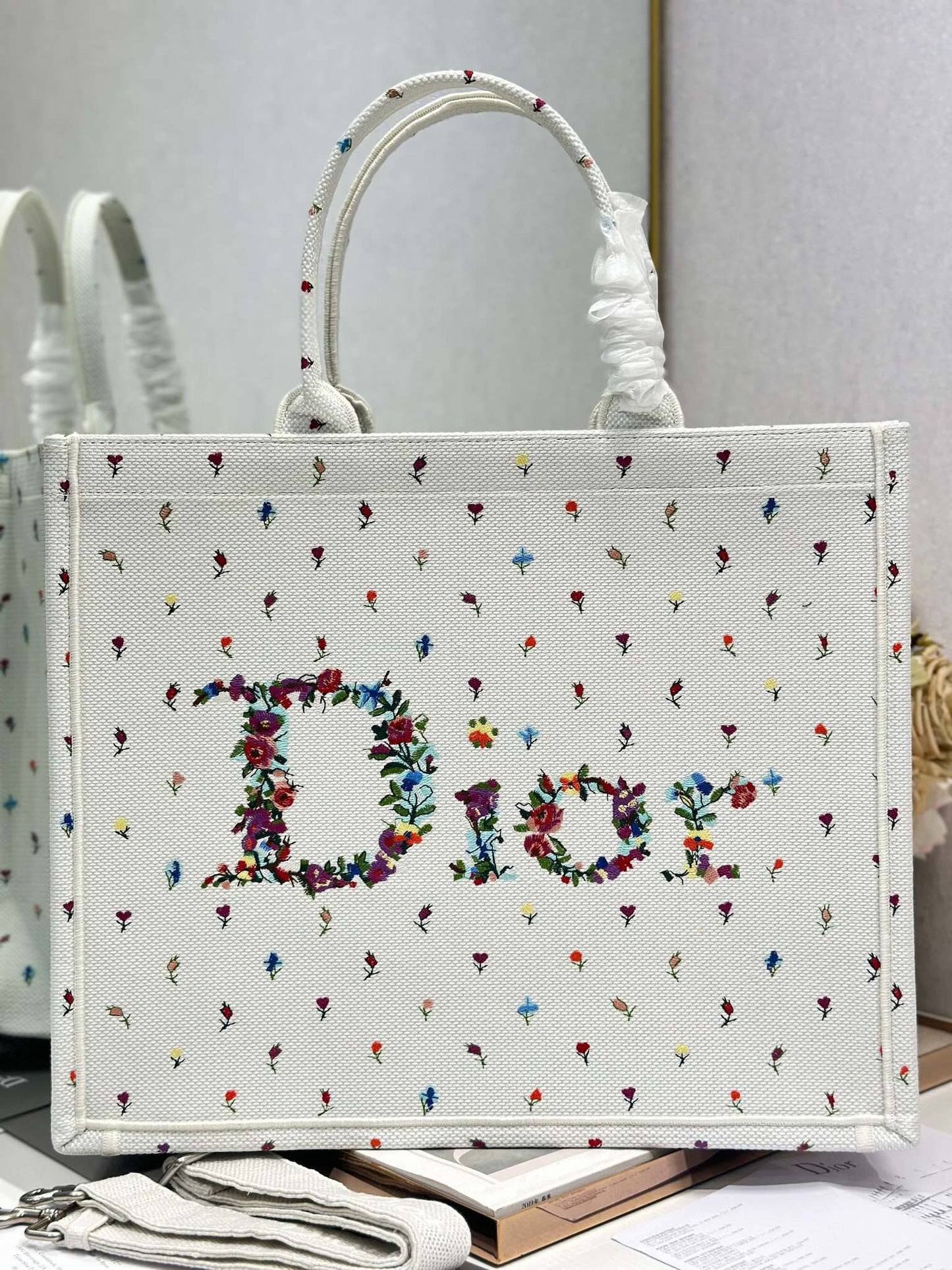 Dior 2026 Book Tote Bag White Multicolor Revolution Flowers Embroidery Canvas 288406
