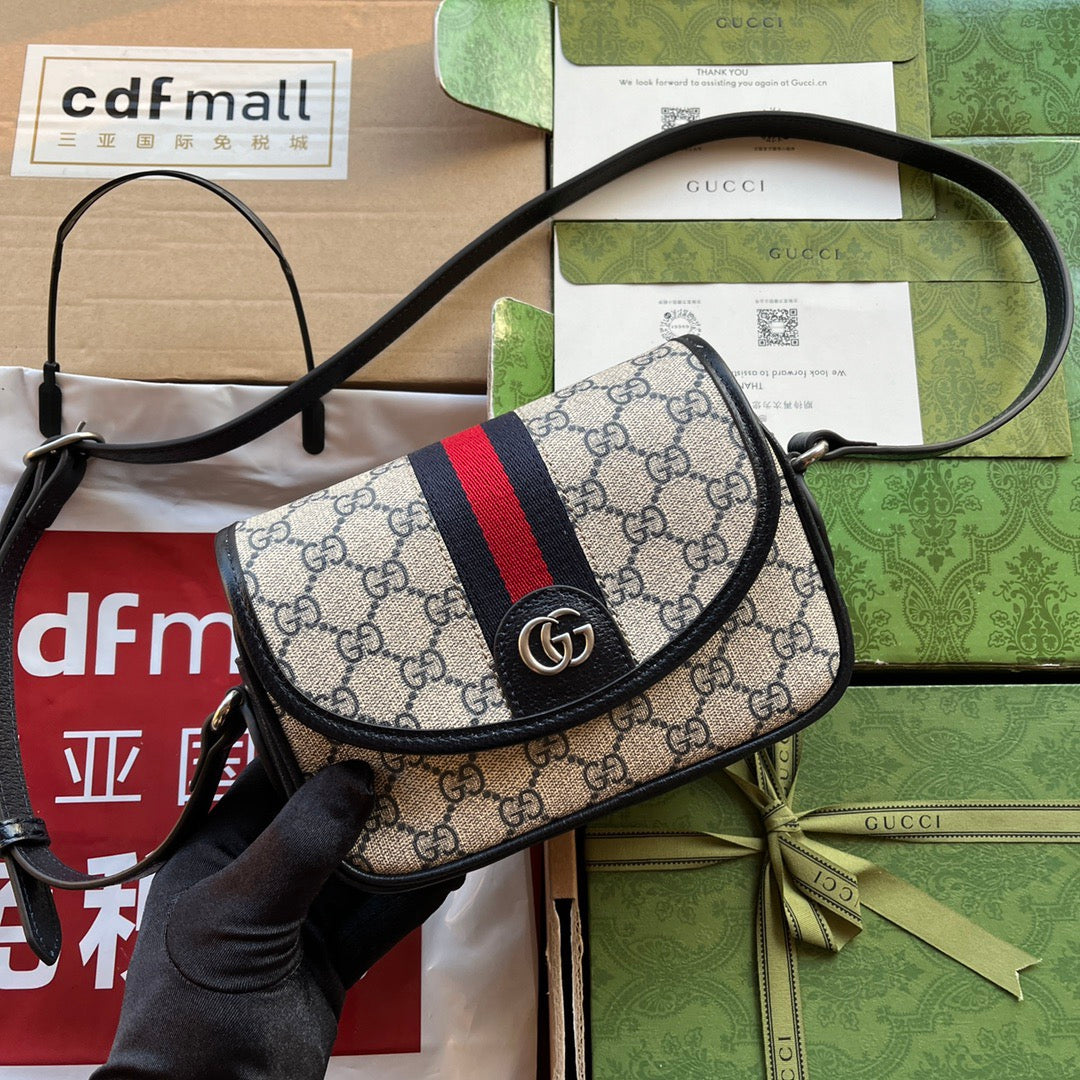 Gucci 2026 Ophidia GG Mini Shoulder Bag Beige And Blue Canvas Leather