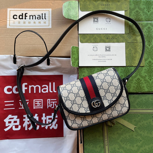 Gucci 2026 Ophidia GG Mini Shoulder Bag Beige And Blue Canvas Leather