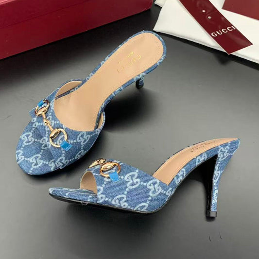 Gucci 2026 Erin Horsebit GG Sandal Blue Gold Denim Leather