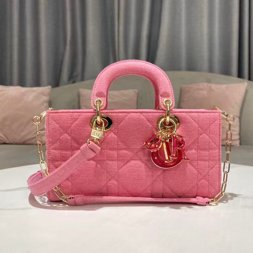 Dior 2026 Lady D-Joy Bag 26cm Pink with Pink Logo Denim Leather