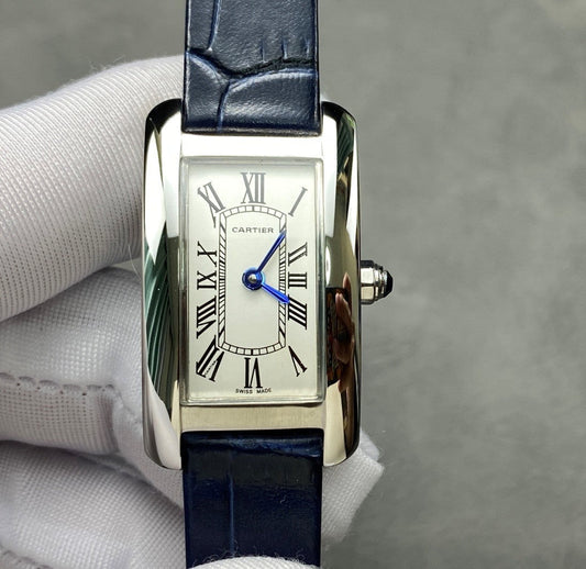 Tank Américaine 20mm Silver Case Dark Blue Leather Strap