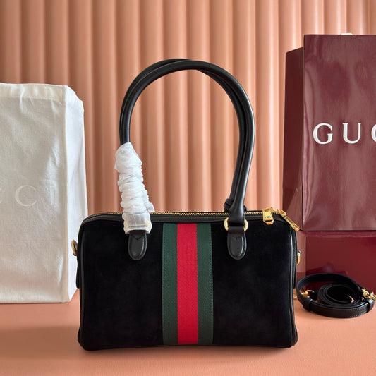 Gucci 2026 Ophidia Boston Bag 28cm Black Suede Leather