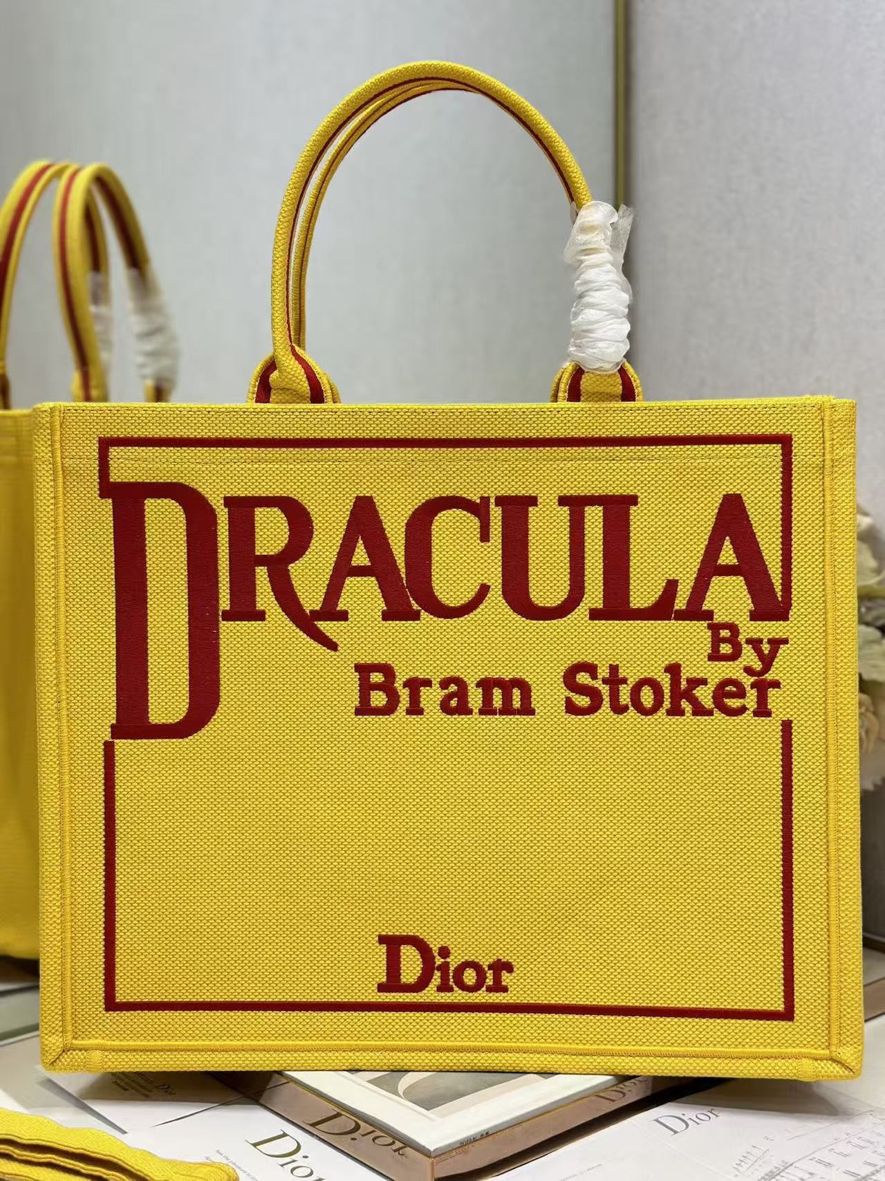 Dior 2026 Book Tote with Strap Yellow and Red Book Cover Embroidery