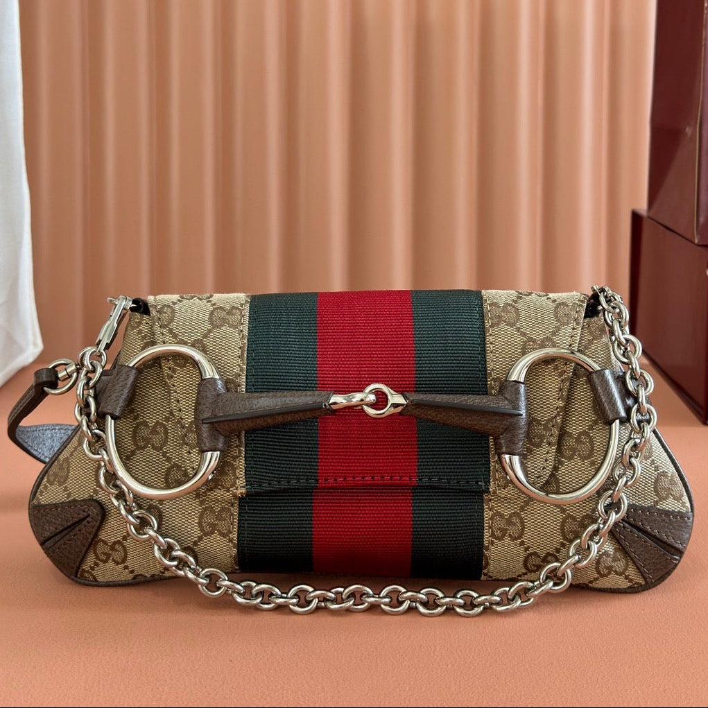 Gucci 2026 Horsebit Chain Shoulder Bag 27cm Beige Red Green Canvas Leather