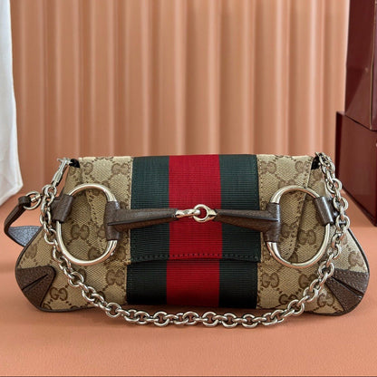 Gucci 2026 Horsebit Chain Shoulder Bag 27cm Beige Red Green Canvas Leather