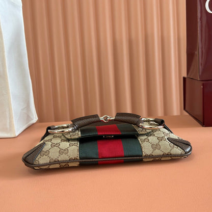 Gucci 2026 Horsebit Chain Shoulder Bag 27cm Beige Red Green Canvas Leather