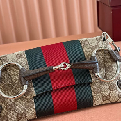 Gucci 2026 Horsebit Chain Shoulder Bag 27cm Beige Red Green Canvas Leather