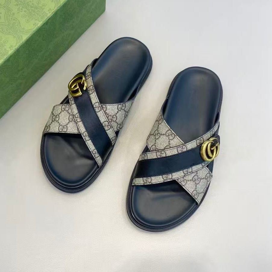 Gucci 2026 Cross-body Strap Sandal Blue Beige Leather Canvas