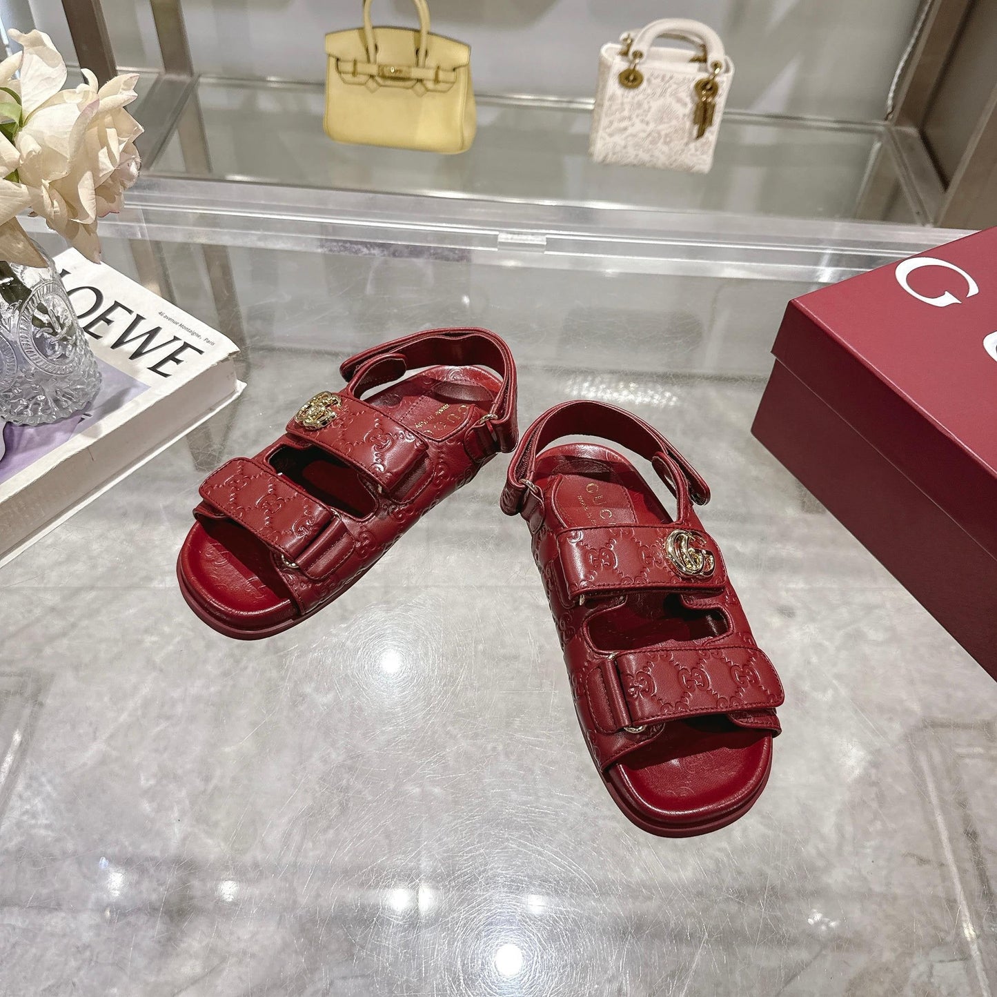 Gucci 2026 Guccissima GG Embossed Sandals Rosso Ancora Red Leather