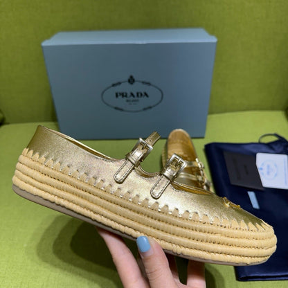 Prada 2026 Ballet Flat Gold Nappa Leather And Raffia
