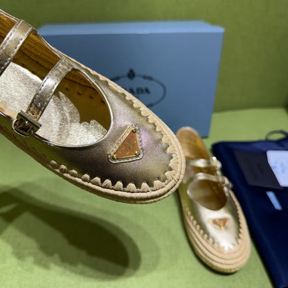 Prada 2026 Ballet Flat Gold Nappa Leather And Raffia