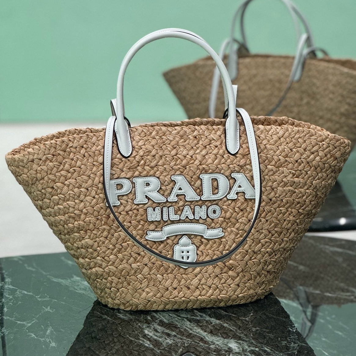Prada 2026 Large Shopping Bag 56cm Tan White Raffia and Leather