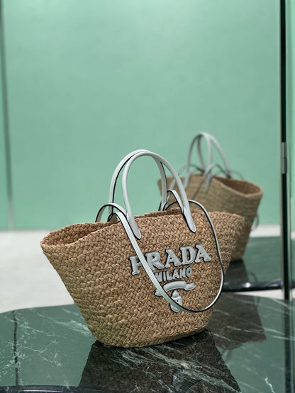 Prada 2026 Large Shopping Bag 56cm Tan White Raffia and Leather