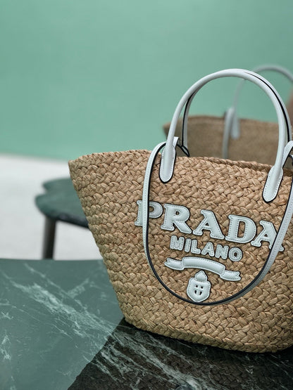 Prada 2026 Large Shopping Bag 56cm Tan White Raffia and Leather